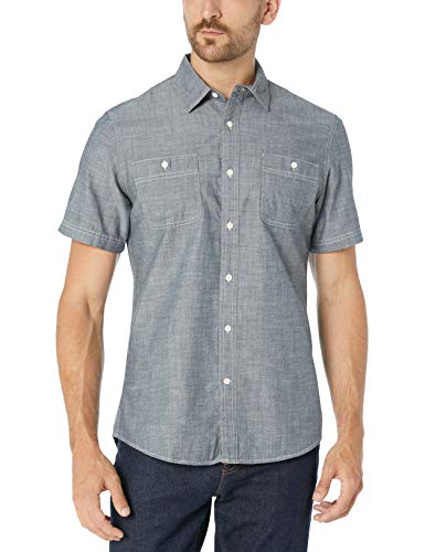 Amazon Essentials - Camisa de cambray con manga corta y corte entallado para hombre, gris, US S (EU S)