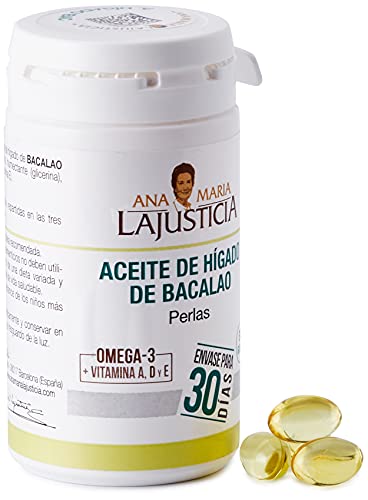 Ana Maria Lajusticia - Aceite de hígado de bacalao – 90 perlas aporte de VITAMINAS D, A y E y ácidos grasos omega 3. Envase para 30 días de tratamiento.