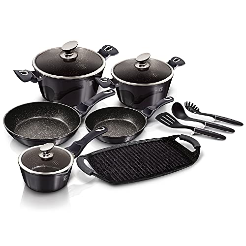 Berlinger Haus Carbon Pro Batería Cocina Inducción, Antiadherente Mármol sin PFOA, Aluminio, Set 2 Cazuelas 3 Tapas Cristal, Cazo, Plancha, 2 Sartenes, 3 Utensilios, Gris Oscuro Metalizado (BH-6911)