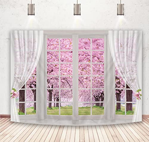 BINQOO Fondo de ventana de flores de cerezo de 7 x 5 pies, flor de cerezo rosa, sesión de fotos de primavera, jardín, baby shower, fiesta de fondo para niñas, niños, mujeres, suministros de