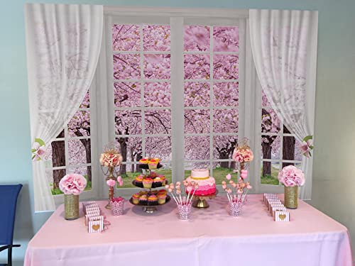 BINQOO Fondo de ventana de flores de cerezo de 7 x 5 pies, flor de cerezo rosa, sesión de fotos de primavera, jardín, baby shower, fiesta de fondo para niñas, niños, mujeres, suministros de