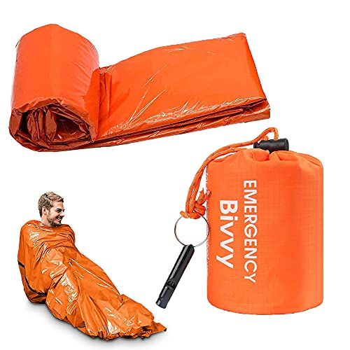 Bolsa Vivac Senderismo, Portátil Bolsa Dormir Térmica Emergencia, con Silbato Supervivencia, Equipo Supervivencia para Acampar, Senderismo, Actividades Al Aire Libre, Naranja