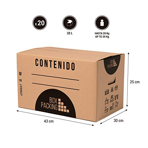 BOXPACKING | Cajas de Cartón para Mudanzas y Almacenaje | Cajas Mudanza 43x30x25 cm | Cajas Cartón Mudanza con Asas | Pack 20 cajas