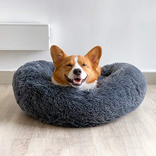 Cama grande para perro de felpa con funda lavable, cojín suave desmontable para mascotas calmante cama redonda saco de dormir gatito cachorro sofá gris oscuro XXL: 110 x 110 cm