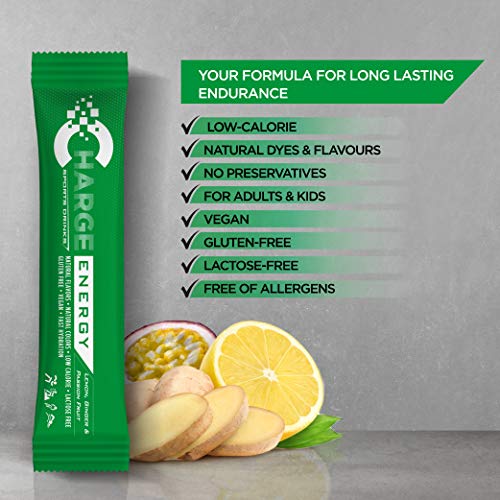 Charge Sports Drinks Energy - Sales Minerales para Deporte de Resistencia - 7 Sobres - Bebida Deportiva en Polvo con Electrolitos, Vitamina B y C - Sabor Limón Jengibre - Sin Gluten