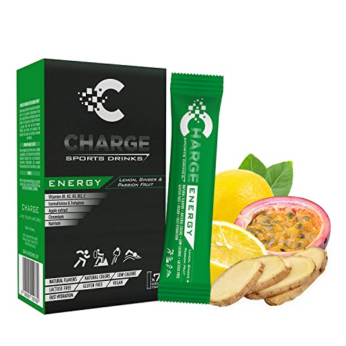 Charge Sports Drinks Energy - Sales Minerales para Deporte de Resistencia - 7 Sobres - Bebida Deportiva en Polvo con Electrolitos, Vitamina B y C - Sabor Limón Jengibre - Sin Gluten