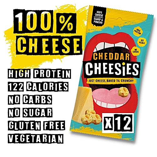 CHEESIES | Snack Keto de Queso Crujiente | Cheddar | 100% Queso | Sin Azúcar, Sin Gluten, Sin Carbohidratos | Aperitivo Alto en Proteínas y Vegetariano | Crujiente y Sabroso | 12 Bolsas de 20g