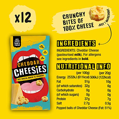 CHEESIES | Snack Keto de Queso Crujiente | Cheddar | 100% Queso | Sin Azúcar, Sin Gluten, Sin Carbohidratos | Aperitivo Alto en Proteínas y Vegetariano | Crujiente y Sabroso | 12 Bolsas de 20g