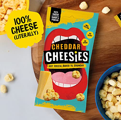 CHEESIES | Snack Keto de Queso Crujiente | Cheddar | 100% Queso | Sin Azúcar, Sin Gluten, Sin Carbohidratos | Aperitivo Alto en Proteínas y Vegetariano | Crujiente y Sabroso | 12 Bolsas de 20g