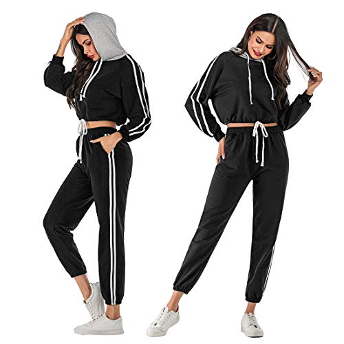 Conjuntos de Deporte Chándal para Mujer,Hoodie Traje Deportivo Sudadera, Manga Larga Pantalones Largo,Moda Casual 2Pcs (Negro, S)