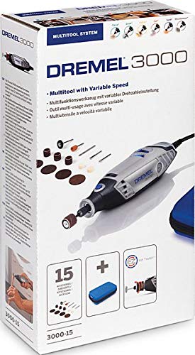 Dremel 3000 - Multiherramienta 130 W, kit con 15 accesorios y estuche, velocidad variable 10.000 - 33.000 rpm para tallar, grabar, fresar, amolar, limpiar, pulir, cortar y lijar