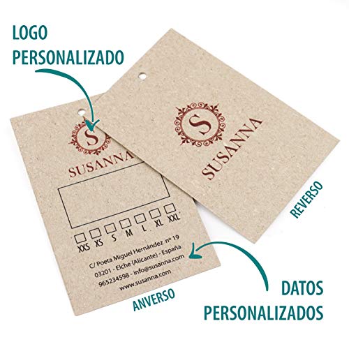 Etiquetas ropa personalizadas para tienda, 85x55 mm, cartón grueso reciclado 450g/m², colgantes, con logo y texto - 250 uds (Kraft/reciclado)