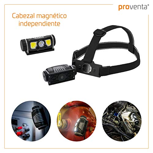 Frontal LED XPG-COB recargable IP54. Cabezal magnético independiente orientable. Control por sensor de gesto. Luz 3 modos (400 lm-250 lm-200 lm). Batería Li-Ion hasta 6.5h. Cable de carga USB incl.