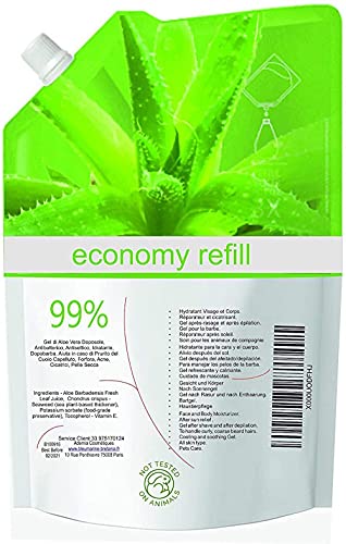 Gel de Aloe Vera 99%. Formato Ahorro 1000 ml. Cuidado de la Piel (Corporal & Facial), Cuidado del Cabello. Rejuvenece y Mejora la Apariencia de la Piel. Recarga Económica 1 kg