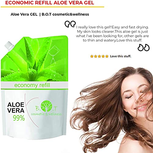 Gel de Aloe Vera 99%. Formato Ahorro 1000 ml. Cuidado de la Piel (Corporal & Facial), Cuidado del Cabello. Rejuvenece y Mejora la Apariencia de la Piel. Recarga Económica 1 kg