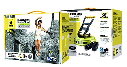 Gibbon Slacklines Classic Line con Treewear, Amarillo, 15 Metros (12,5 m de Banda + 2,5 m Correa de trinquete)