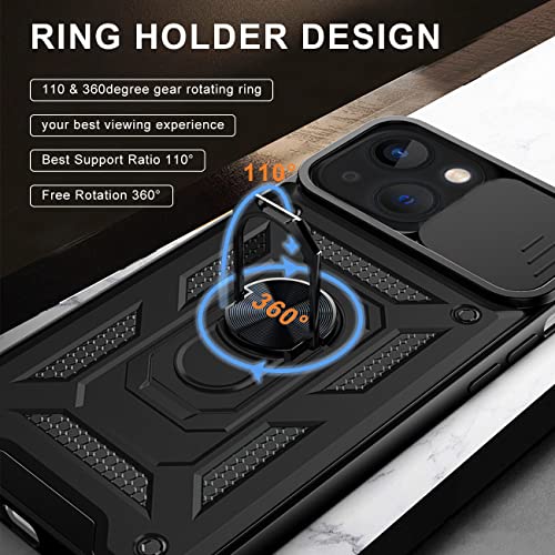 JANYO Funda para iPhone 13 Mini, con Protección Cámara Deslizante Funda 360 Grados Soporte de Anillo de Metal Ajustable, PC Dura y TPU Silicone Anti-Choque Anti-arañazos Case - Negro