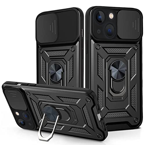 JANYO Funda para iPhone 13 Mini, con Protección Cámara Deslizante Funda 360 Grados Soporte de Anillo de Metal Ajustable, PC Dura y TPU Silicone Anti-Choque Anti-arañazos Case - Negro