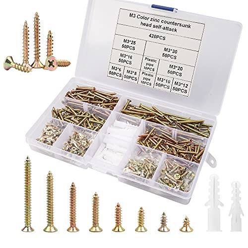 Juego de tornillos de madera de rosca gruesa M3, 420 tornillos de cabeza plana chapados en zinc, tornillos de madera surtidos, tornillos autorroscantes para paneles de yeso con tapón de expansión