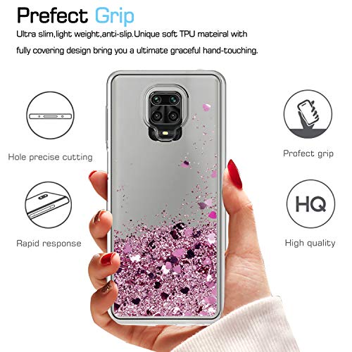 LeYi Funda Xiaomi Redmi Note 9S / Note 9 Pro Silicona Purpurina Carcasa con HD Protector de Pantalla, Transparente Cristal Bumper Telefono TPU Case Cover para Movil Note 9S Oro Rosa