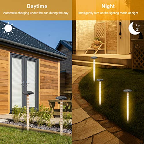 Luz LED Solares Exterior, 8 Modos de Trabajo IP65 a Prueba de Agua Atmósfera Cálida Luces Solar Iluminación de 360° Fáciles de Instalar para Jardín, Camino, Césped, Entrada, Patio(60cm, 4 Paquetes)