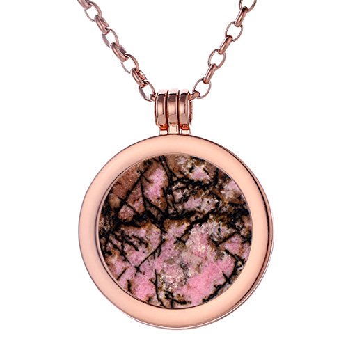 Morella Mujeres Collar 70 cm Acero Inoxidable Oro Rosa y Colgante con Coin Moneda Amuleto de Piedra Preciosa Gema Rodonite 33 mm Plato de Chakra en Bolsa de joyería