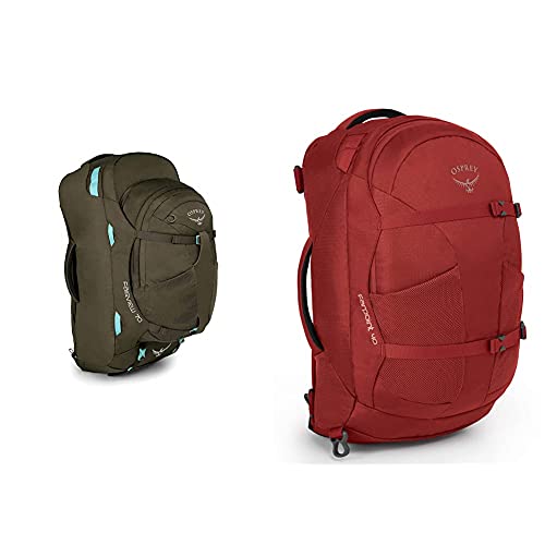 Osprey Fairview 70 Women's Travel Pack with 13L Detachable Daypack Misty Grey (WS/WM) + Farpoint 40 Men's Travel Pack Jasper Red (M/L)