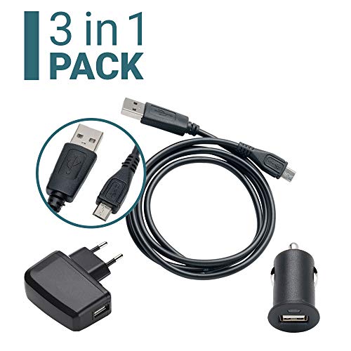 Slabo 3 en 1 Set Cargador para ACEPAD A121 | A140 | A96 | Telekom Puls con Cable de Datos Micro USB | Cargador Coche Mini | Cargador Slim USB - Negro