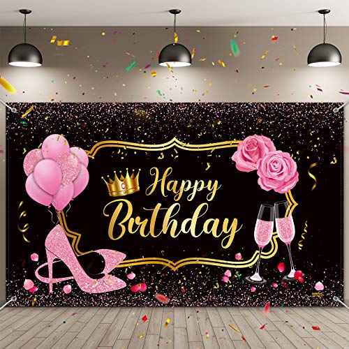 Sumind Fondo de Fiesta de Happy Birthday de Mujeres Fondo de Fotografía de Cumpleaños de Oro Rosa Dulce de Tela con Globos Tacones Rose Champagne para Mujer Cumpleaños, 72,8 x 43,3 Pulgadas