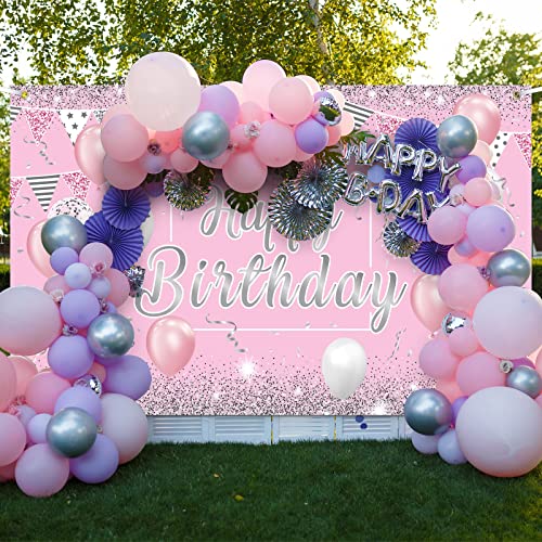 Telón de Fondo de Happy Birthday Rosa Plata, Suministros de Decoración de Fiesta de Cumpleaños de Oro Rosa Rosa para Mujer Niña Decoraciones de Fiesta de Cumpleaños Cabina de Foto Bandera