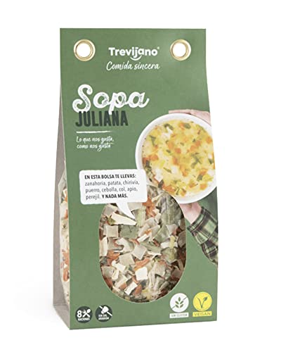 TREVIJANO Pack de 7 bolsas - Sopa Juliana con Mezcla de Vegetales Deshidratados - 100g. Producto Apto para Veganos, Sin Gluten, Sin Sal Añadida, Sin Aditivos y Fácil de Preparar