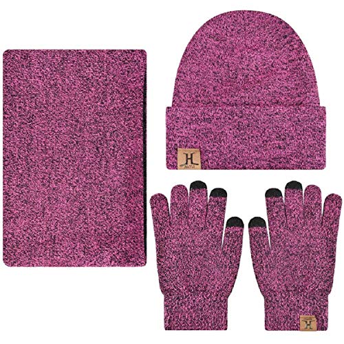 Tuopuda® Gorro Bufanda Guantes Set de Invierno para Hombre y Mujer Gorro de punto Bufandas Caliente Guantes de Pantalla Táctil (Rosa caliente)