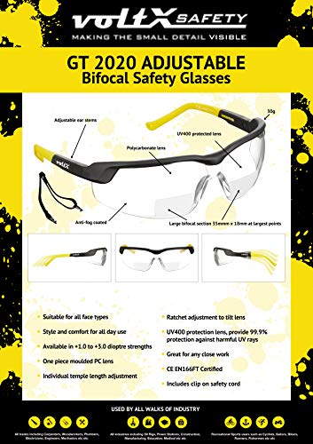 voltX 'GT ADJUSTABLE' (2020 model) Gafas de seguridad de lectura bifocales adjustables, (TRANSPARENTE dioptria +2.0) Certificado CE EN166FT, Revestimiento antiempañamiento, Lentes UV 400