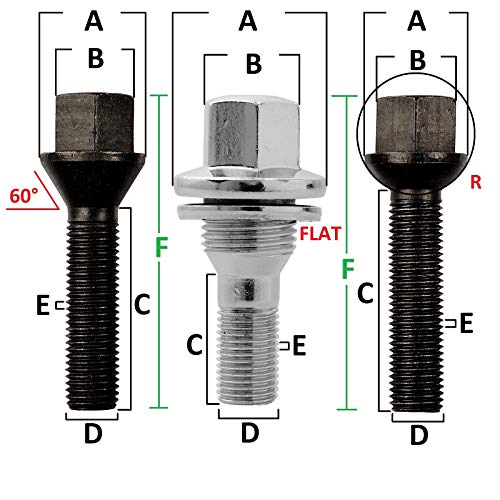 10 Tornillos de Rueda Pernos Negro Esférico R12 Bola M12x1, 5 en Varios Largos de Mango para Elegir - Negro, 60mm