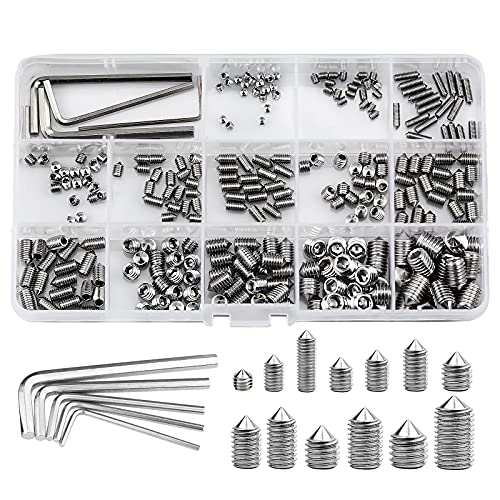 260pcs Tornillos Prisioneros de Cabeza Hexagonal M3 M4 M5 M6 M8 Cone Point Grub Tornillos Kits de Acero Inoxidable con Llaves Surtido de Tornillo Allen de Punto Cónico para Asas de Puerta