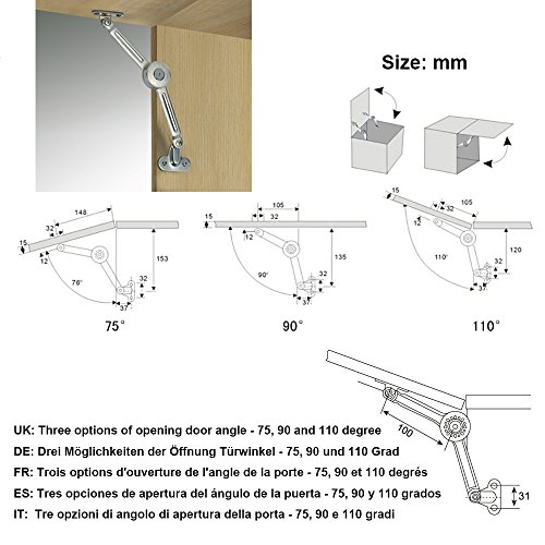 2X Qrity [Actualizado] Compás para puertas elevables Bisagras para muebles 75° 90° 110° - Soporte Hasta 20KG