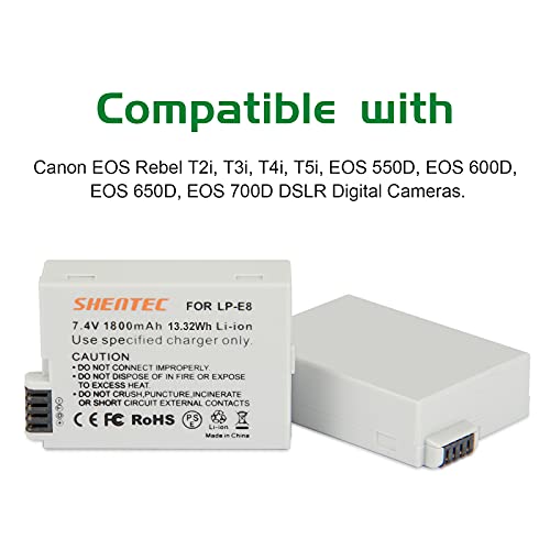 2X Shentec Baterías LP-E8 1900mAh para Canon LP-E8 Rebel T3i T2i T4i T5i EOS 600D 550D 650D 700D Kiss X5 X4 Kiss X6 LC-E8E