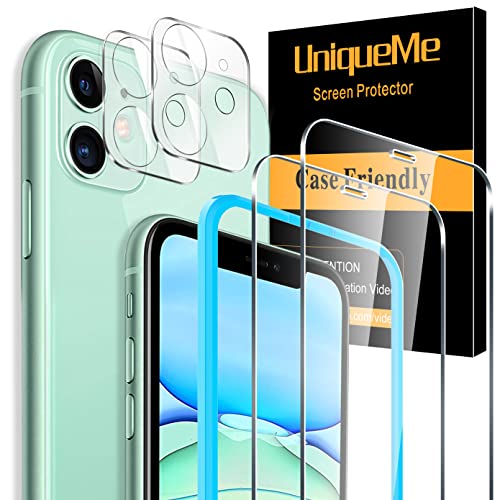 [4 Pack] UniqueMe 2 Pack Protector de Pantalla Compatible con iPhone 11 (6.1") y 2 Pack Protector de lente de cámara Cristal Templado, [Cobertura máxima] [Sin Burbujas] Vidrio Templado HD