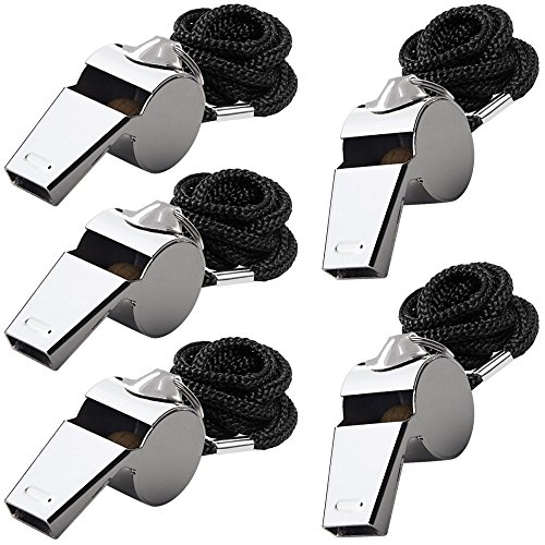 5 Packs Silbato de acero inoxidable, FineGood Silbato de metal fuerte con cordón para los árbitros Entrenadores Salvavidas Survival de emergencia Baloncesto Fútbol Hockey - Plata