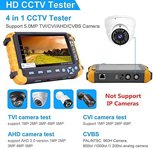 5.0MP 4 en 1 CCTV Tester AHD/TVI/CVI Coaxial HD Video Monitor Tester CVBS Tester Analog Video/UTP Cable Test VGA/HDMI Entrada DC12V Salida Probador de Cámara Control PTZ