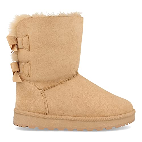 53082-Botin Plano para Mujer, Estilo Australiano, Forrado de Pelo, de Punta Redonda y con Lazos en el Contrafuerte como Detalle, Otono Invierno 2020. Talla 39 Taupe