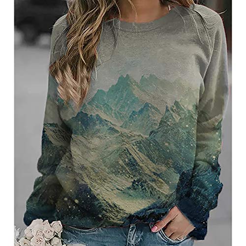 Aiqing Sudadera de montaña para Mujer, Sudadera con Estampado de Paisaje de Manga Larga Vintage, Blusa Informal, suéter, Camisas, Tops