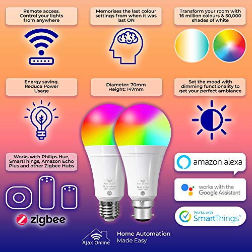 Ajax Online Smart Zigbee Pro A60 LED RGBCW Focos – Funciona con Philips Hue* SmartThings, Alexa y Google Home (requiere un paquete) Elige hasta 16 millones de colores (B22 bayoneta)