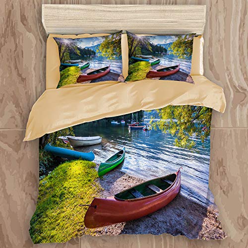 ALLMILL Funda Nórdica De Microfibra,Lago Bohinj con Barcos Parque Nacional de Triglav Alpes Julianos Eslovenia,Juego De Ropa De Cama De 3 Piezas