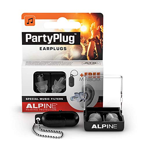 Alpine PartyPlug Tapones para los oídos para Fiestas, festivales de música y conciertos - Cómodo material hipoalergénico + Contenedor llavero - Tapones reutilizables - Transparente