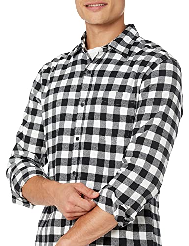 Amazon Essentials - Camisa de franela a cuadros de manga larga y ajuste regular para hombre, Blanco (Black Buffalo Plaid), US XL (EU XL - XXL)