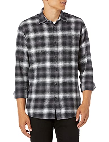 Amazon Essentials - Camisa de franela a cuadros de manga larga y ajuste regular para hombre, Negro (Black Ombre Plaid), US L (EU L)