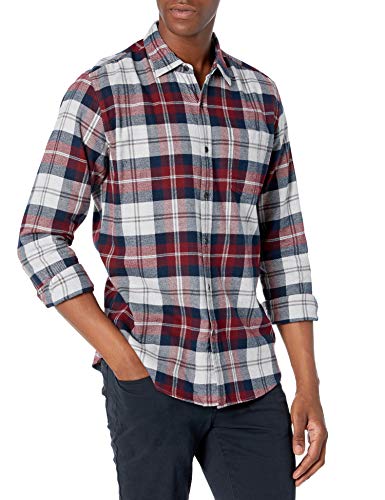 Amazon Essentials Regular-Fit Long-Sleeve Plaid Flannel Shirt Camisa, Gris/Burdeos, Cuadros Escoceses, XL