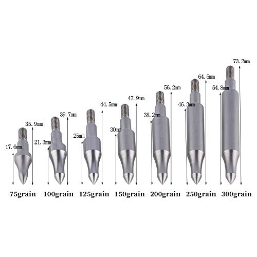 AMEYXGS 12x Puntas de Flecha de Tiro con Arco 75/100/125/200/250/300 Grano Puntas de Acero Puntas de Flecha para Arco Compuesto y recurvo Flechas de Caza práctica de Tiro (Plata, 125grain)