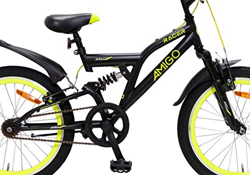 Amigo Racer - Bicicleta de montaña para niños y niñas de 20 pulgadas, apta a partir de 115 cm, suspensión completa, con freno de mano y soporte para bicicleta, color negro y amarillo